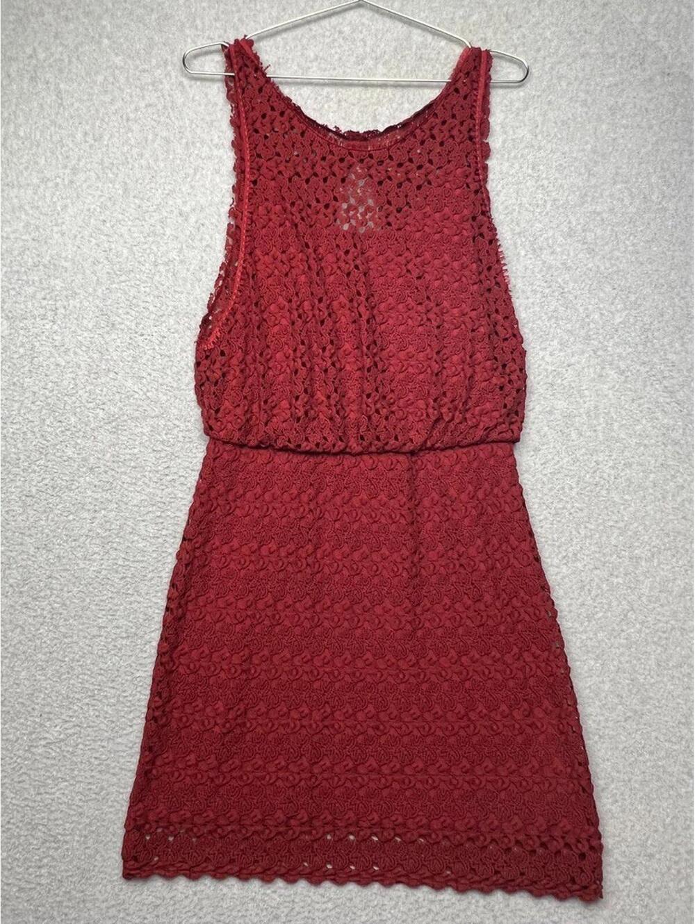 Free People Red Lace Crochet Blouson Mini Dress M Boho Sleeveless Open Back